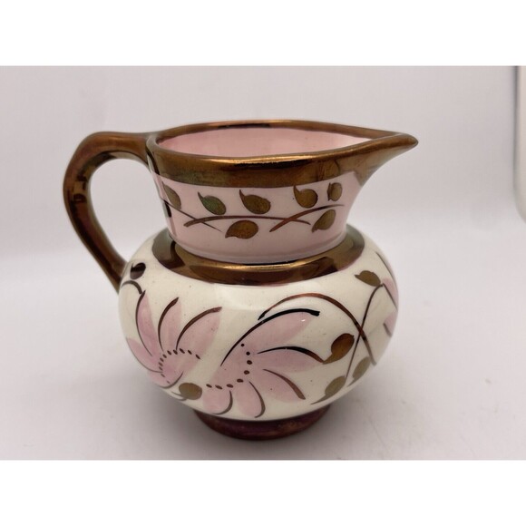 Staffordshire U.K. Pink Copper Luster Small Pitcher Bowl Old Castle Early 1900's - Picture 4 of 7